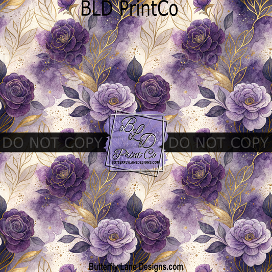Purple Watercolor Roses | Gold Leaf Floral Pattern | PV2406