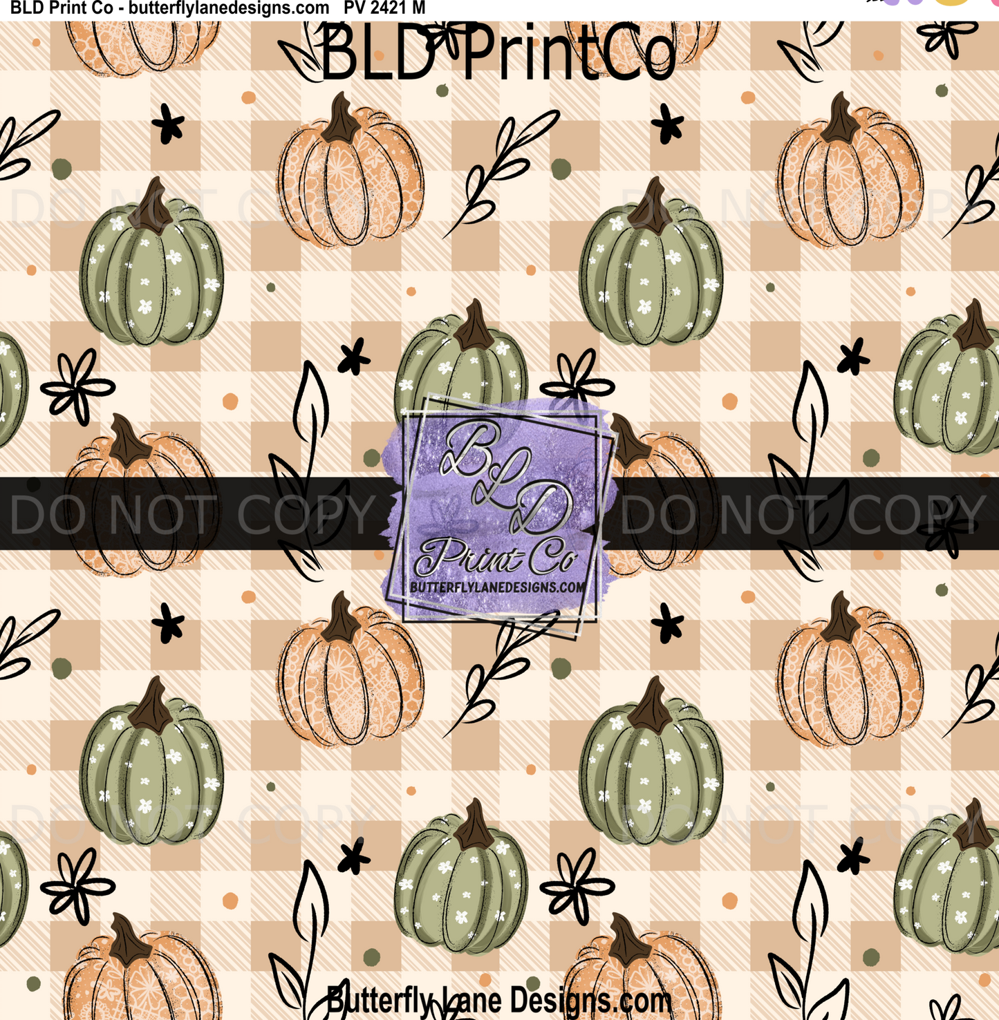 Autumn Harvest | Sage & Orange Pumpkins, Buffalo Check & Botanical Leaves | PV2421