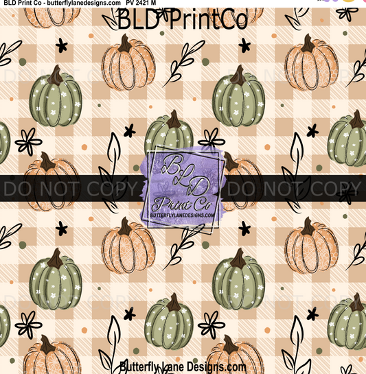 Autumn Harvest | Sage & Orange Pumpkins, Buffalo Check & Botanical Leaves | PV2421