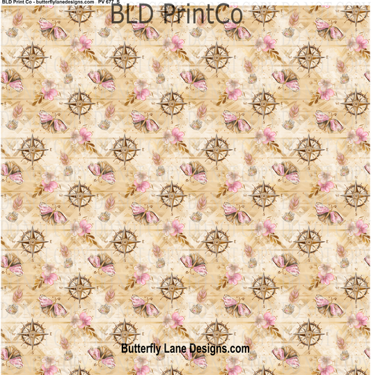 Rose Compass with butterflies Beige Pink & Cream  with gold accent  PV 677   Patterned Vinyl