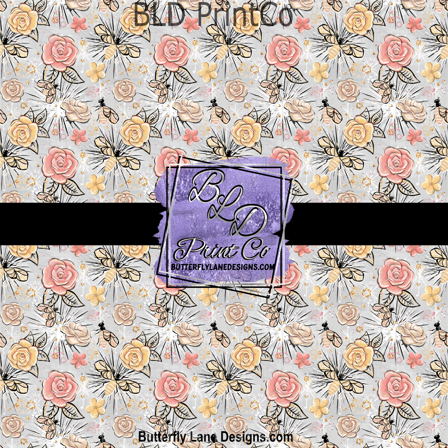 Silver- Pink-Yellow gold florals with bees- PV 742  Patterned Vinyl