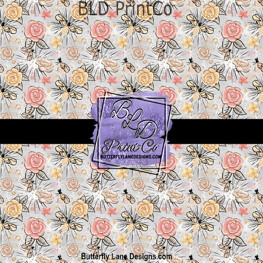 Silver- Pink-Yellow gold florals with bees- PV 742  Patterned Vinyl