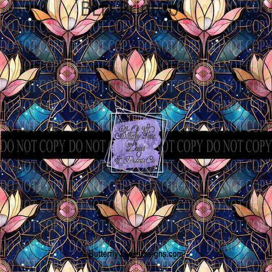 Stained Glass effect blue with abstract  pink florals 2 PV 603- Patterned Vinyl