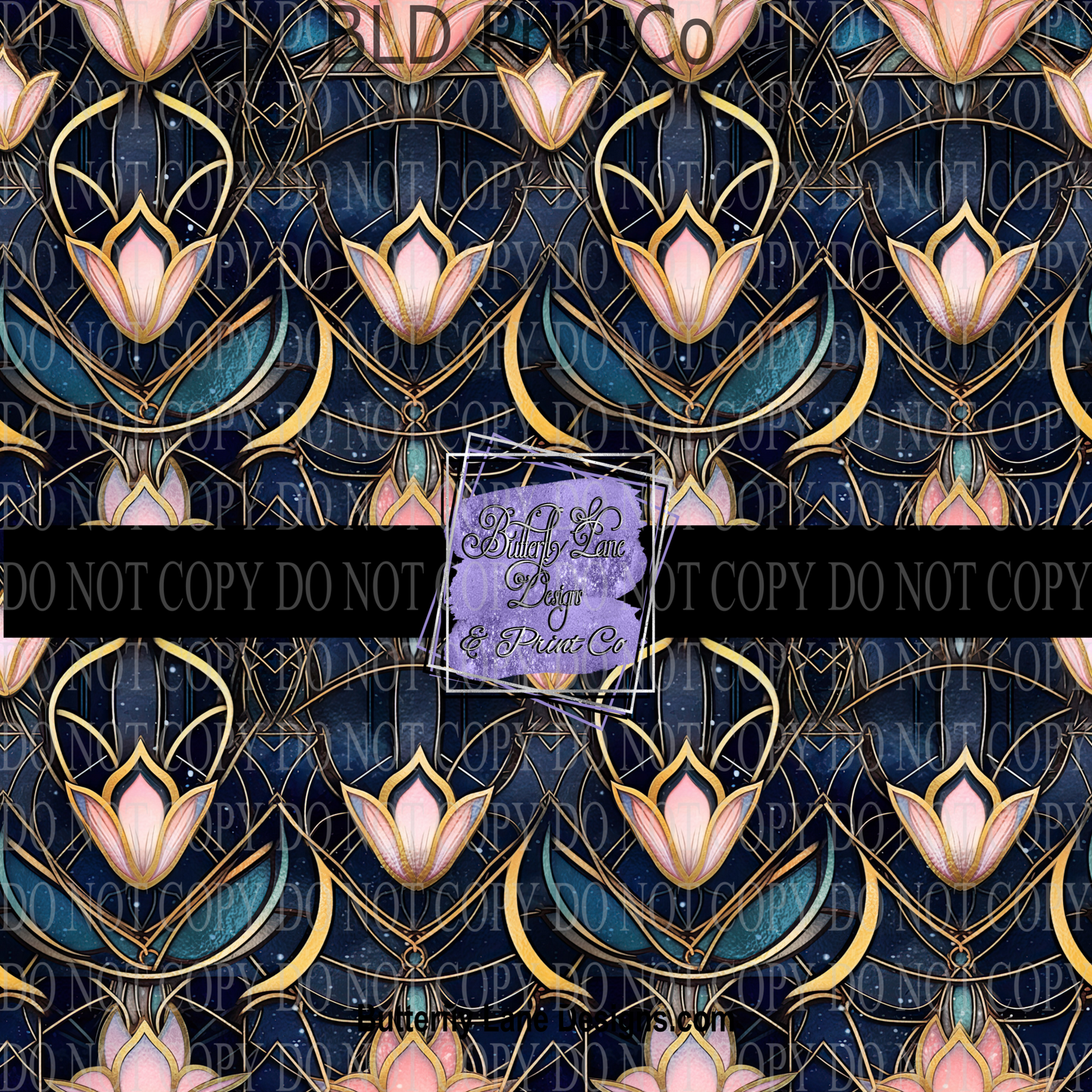 Stained Glass effect blue with abstract  pink florals 3 PV 604- Patterned Vinyl