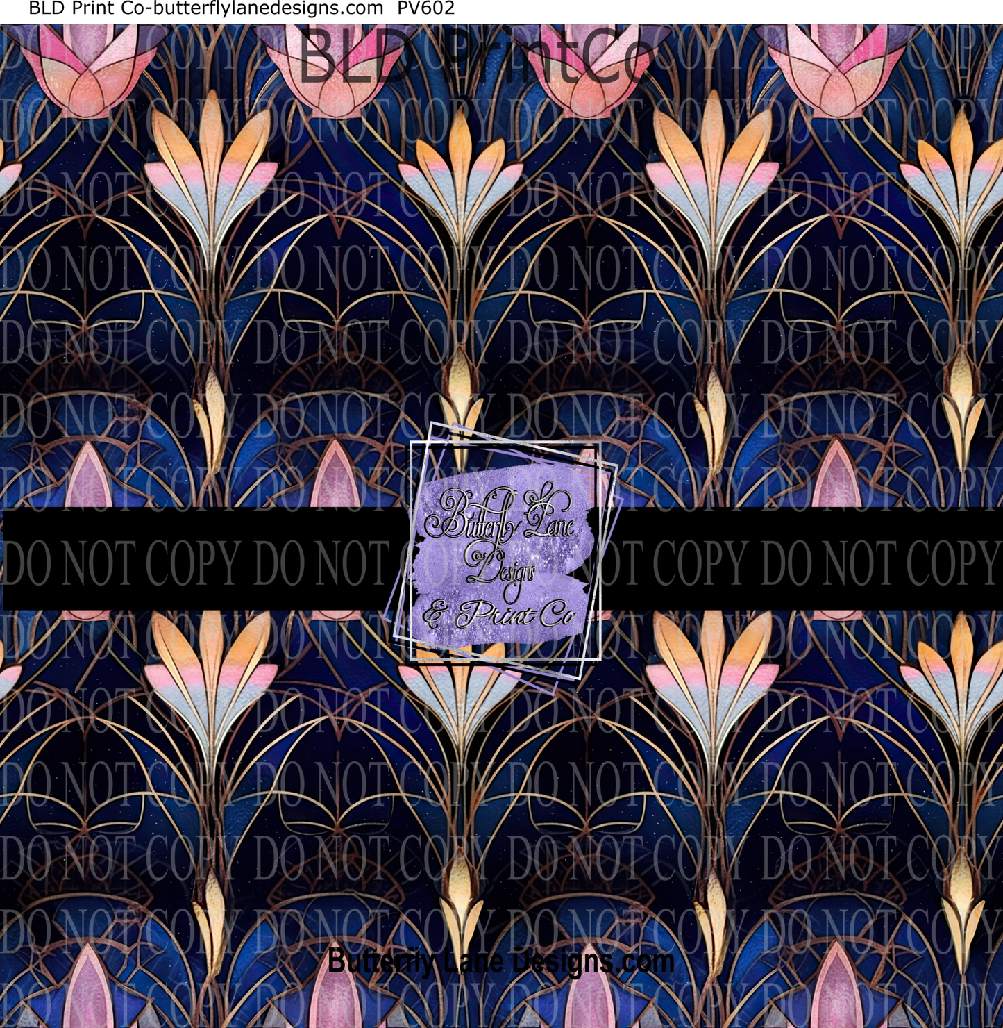 Stained Glass effect blue with abstract  pink florals PV 602- Patterned Vinyl