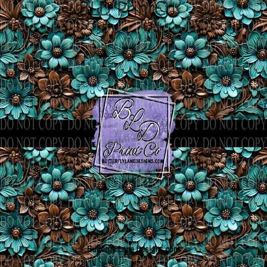 Tooled Leather- Brown & Turquoise PV 797  Patterned Vinyl