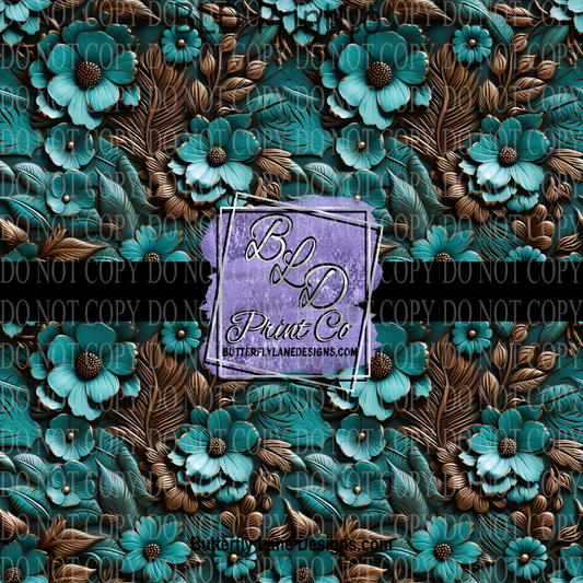 Tooled Leather- Brown & Turquoise PV 798  Patterned Vinyl