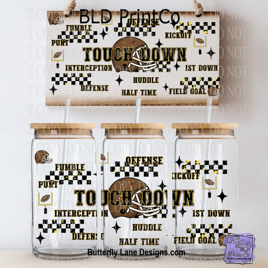 Football Touchdown | Checker & Helmet Glass Can Wrap | L1036