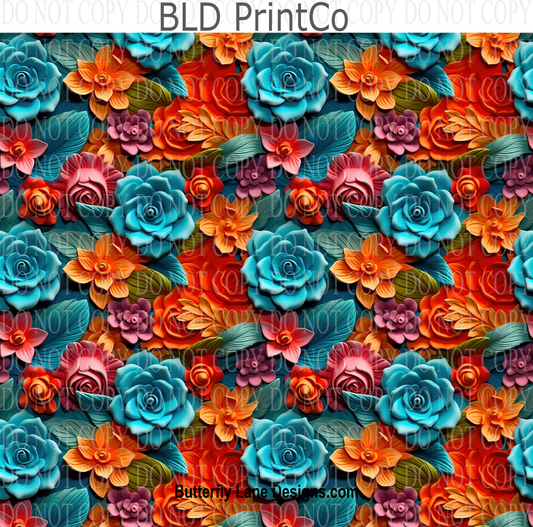 3D effect teal and orange florals W13 : Tumbler wrap