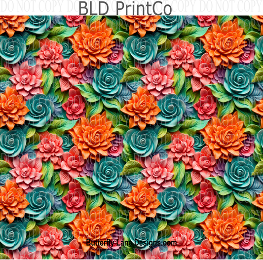 3D effect pink teal and orange florals W14 : Tumbler wrap