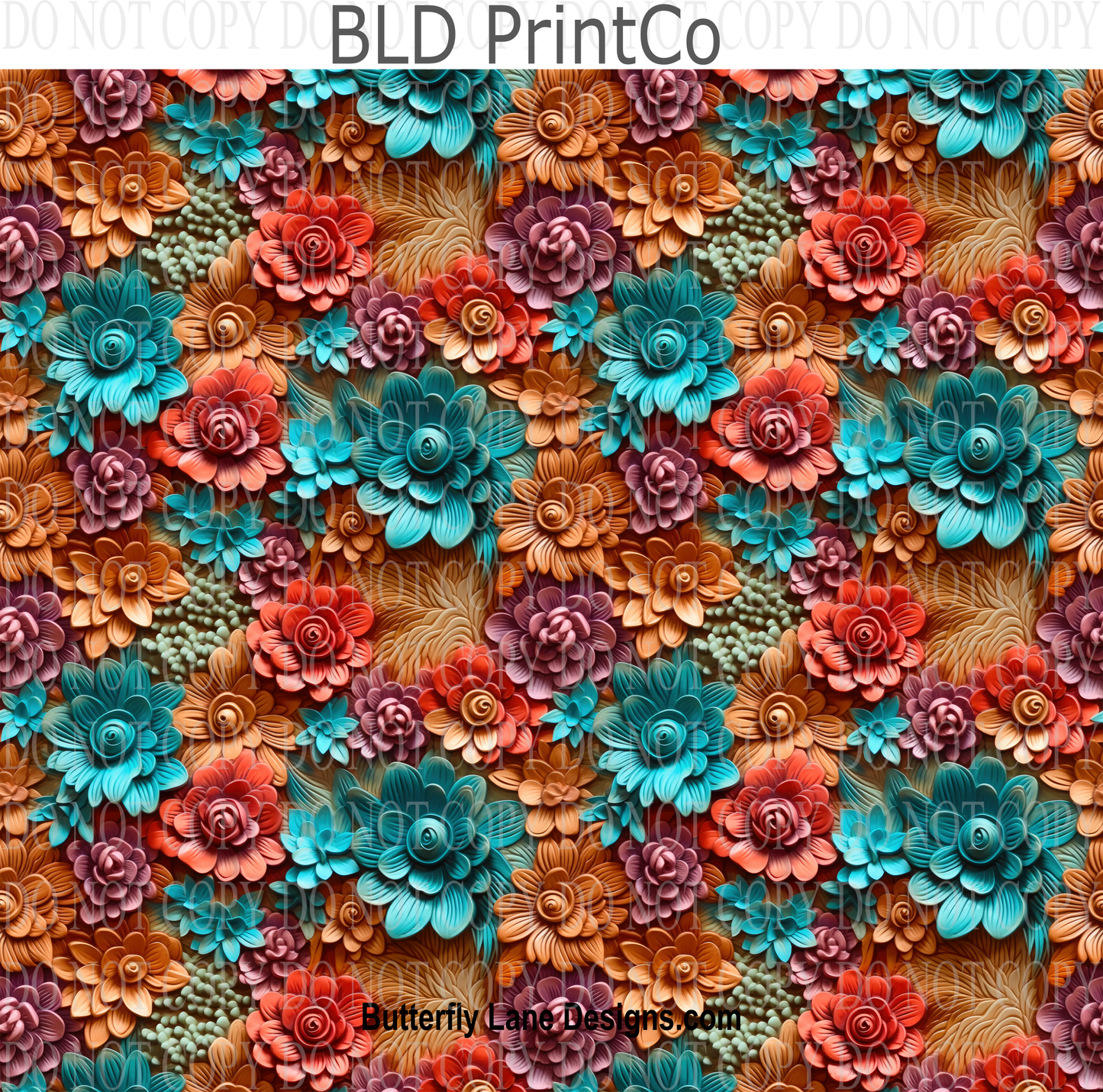 3D effect teal and burnt orange florals W15 : Tumbler wrap