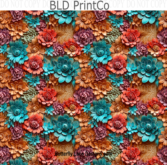 3D effect teal and burnt orange florals W15 : Tumbler wrap