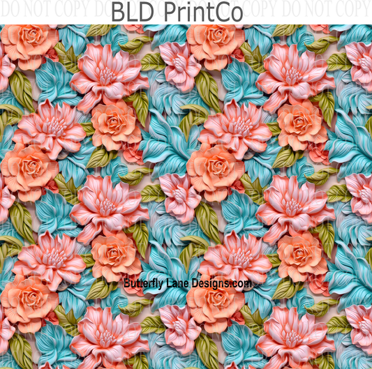 3D effect blue and peach florals W16 : Tumbler wrap