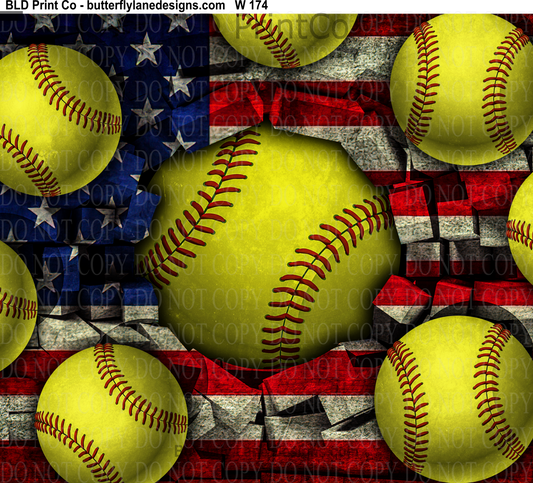 W174 Softball-American Flag:   Tumbler wrap