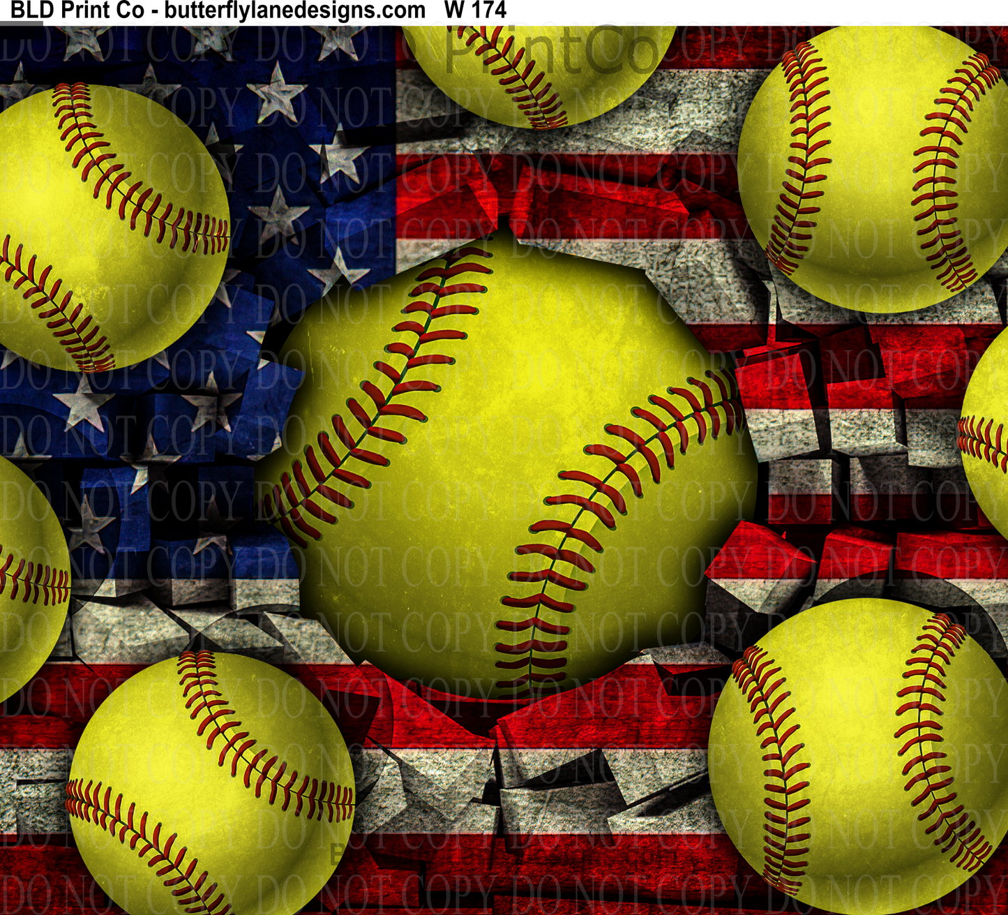 W174 Softball-American Flag:   Tumbler wrap