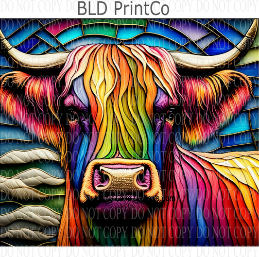 Stained Glass effect Colorful Highland Cow: Tumbler wrap W33