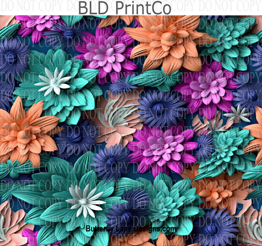 3D effect Teal- coral-purple florals  W4  : Tumbler wrap