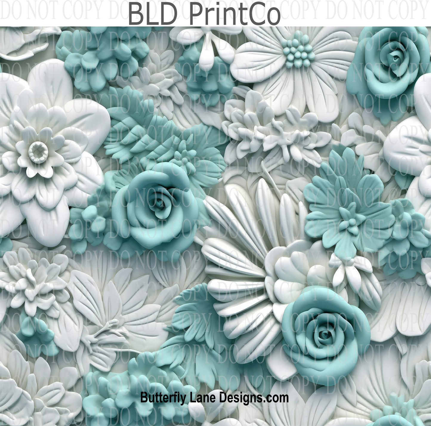 3D effect White and teal florals  W5  : Tumbler wrap