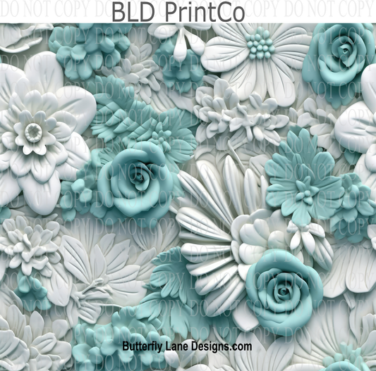 3D effect White and teal florals  W5  : Tumbler wrap