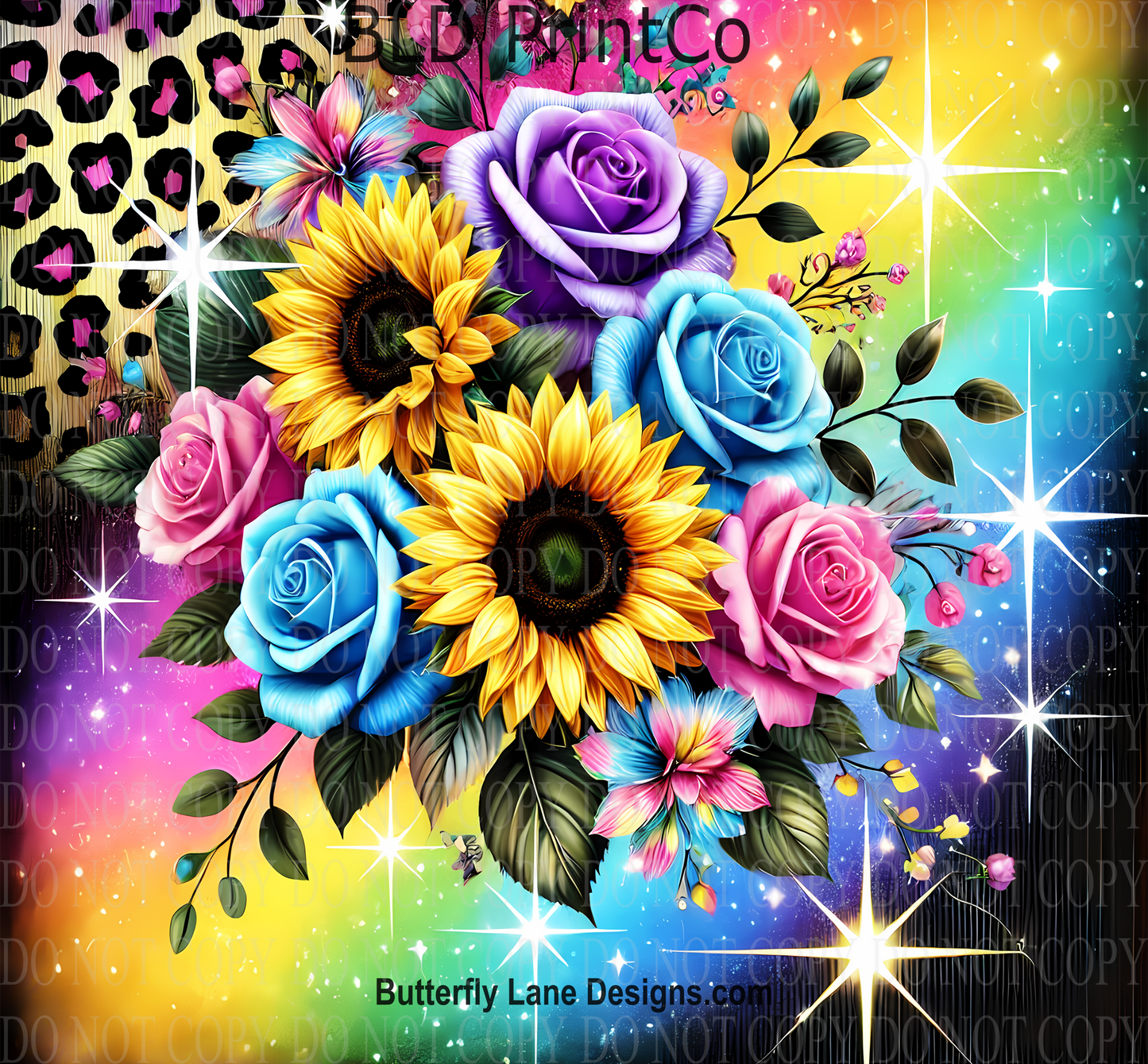 W537 Colorful Roses and Sunflowers Rainbows and shimmer