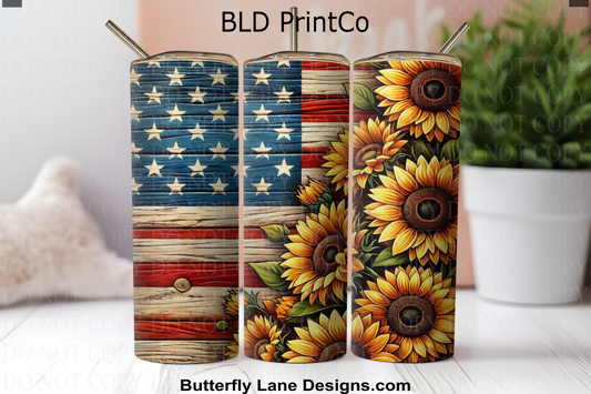 W594 Country Sunflowers with American flag-wood grain effect