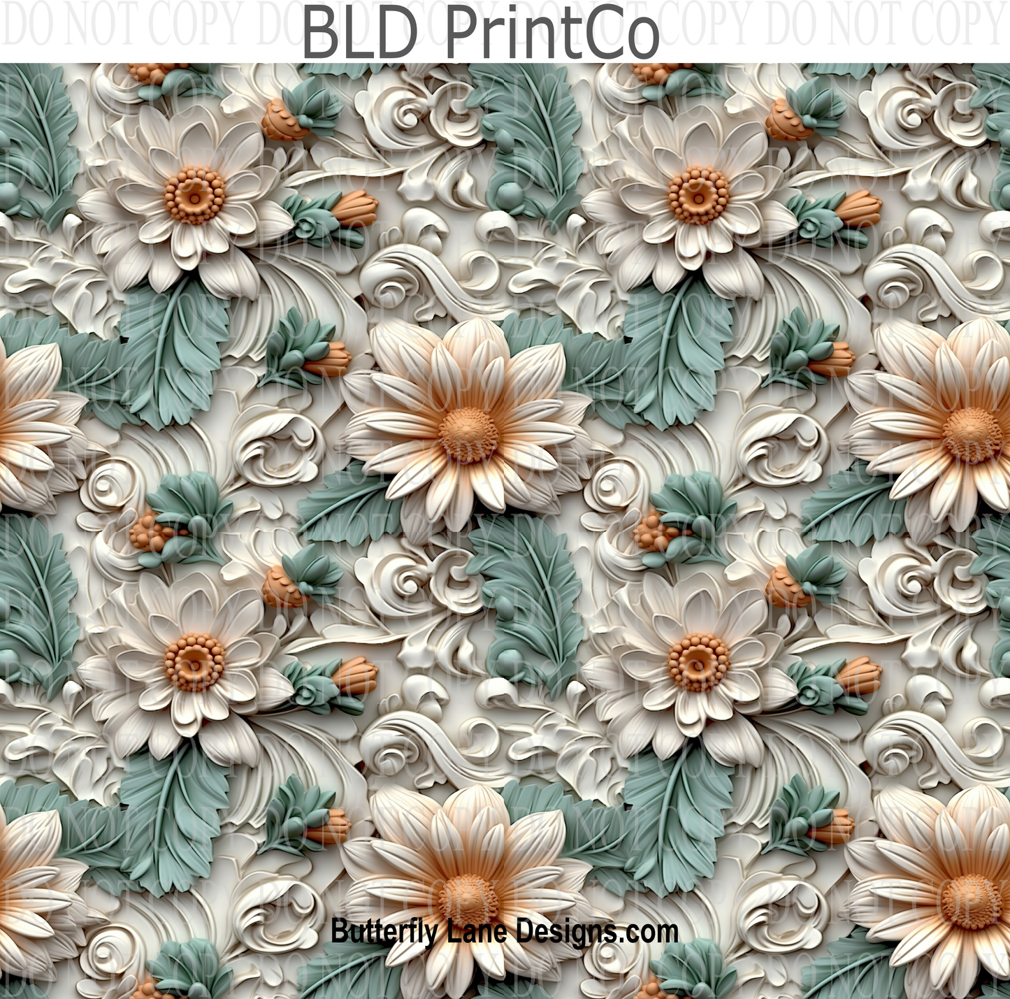 3D effect white florals with green foliage W7 : Tumbler wrap