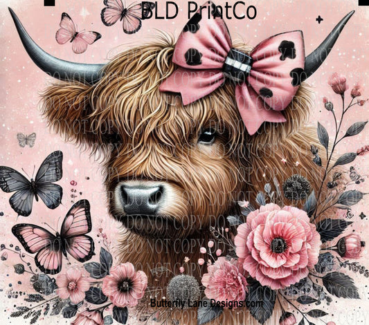 W719 Highland Cow-Pink florals & Butterflies