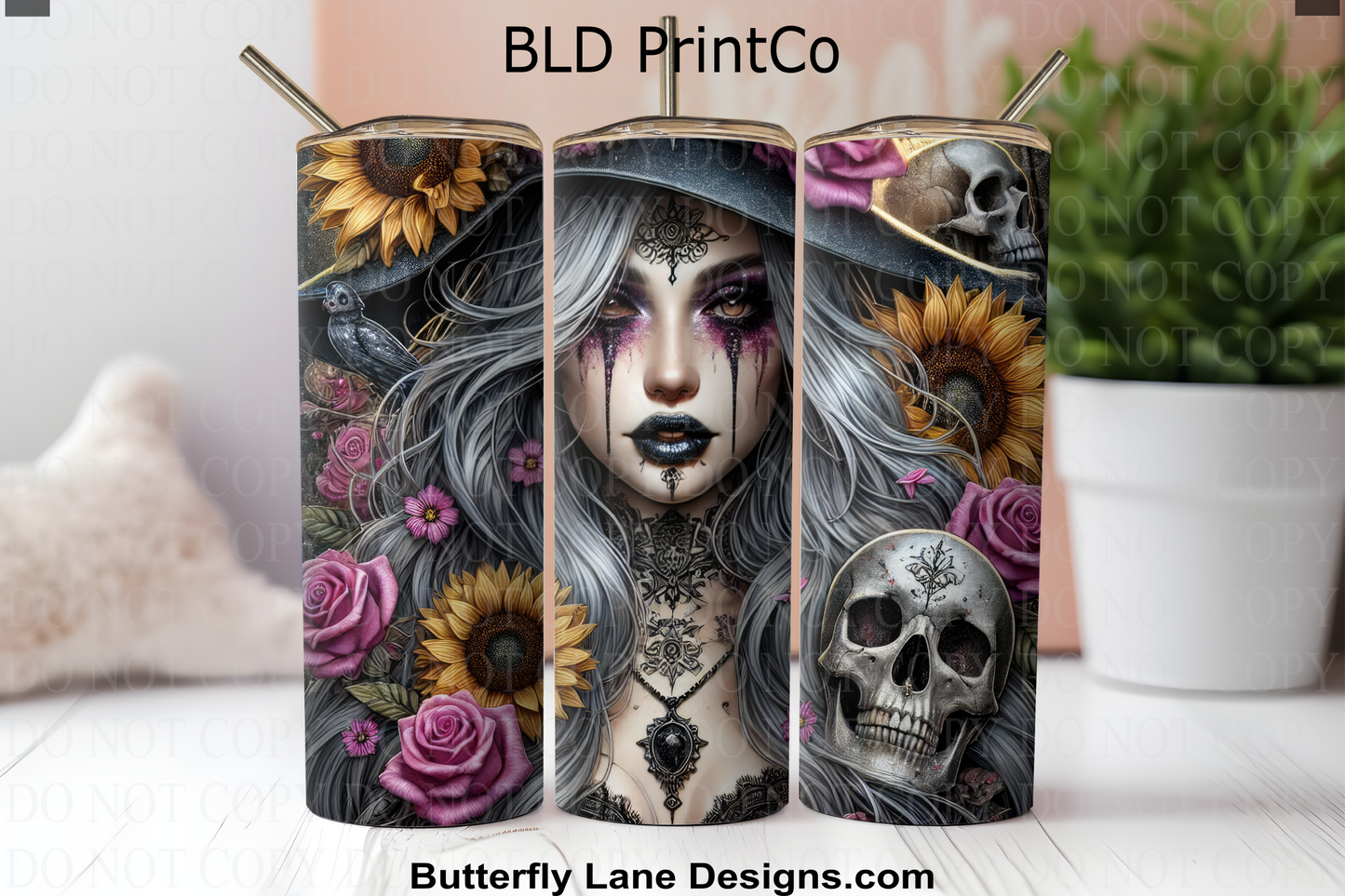 W839 Halloween Witch with florals and skull