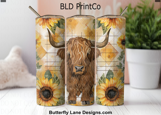 Rustic Highland Cow | Sunflower & Grid Background | W951