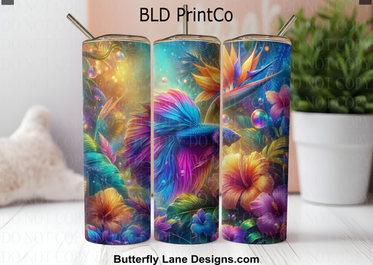 Vibrant Betta Fish | Tropical Hibiscus & Neon Bubbles | W956