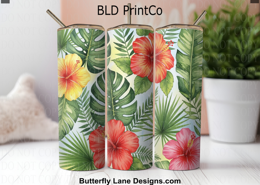 Summer Tropical | Pink & Red Hibiscus with Palm Leaves | W958