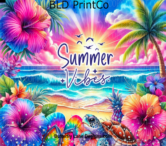 Tropical Summer Vibes | Sea Turtle & Hibiscus Beach Scene | W970