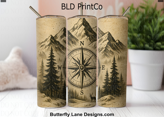 Mountain Compass Adventure | Vintage Map & Pine Forest | W977