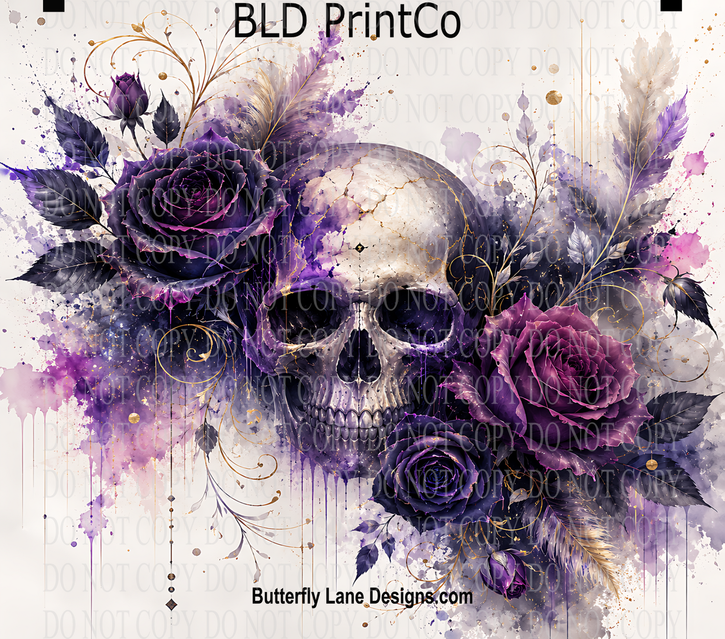 Purple Skull & Roses | Gothic Floral Watercolor Art | W987