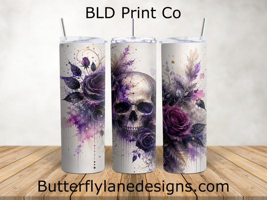 Purple Skull & Roses | Gothic Floral Watercolor Art | W987