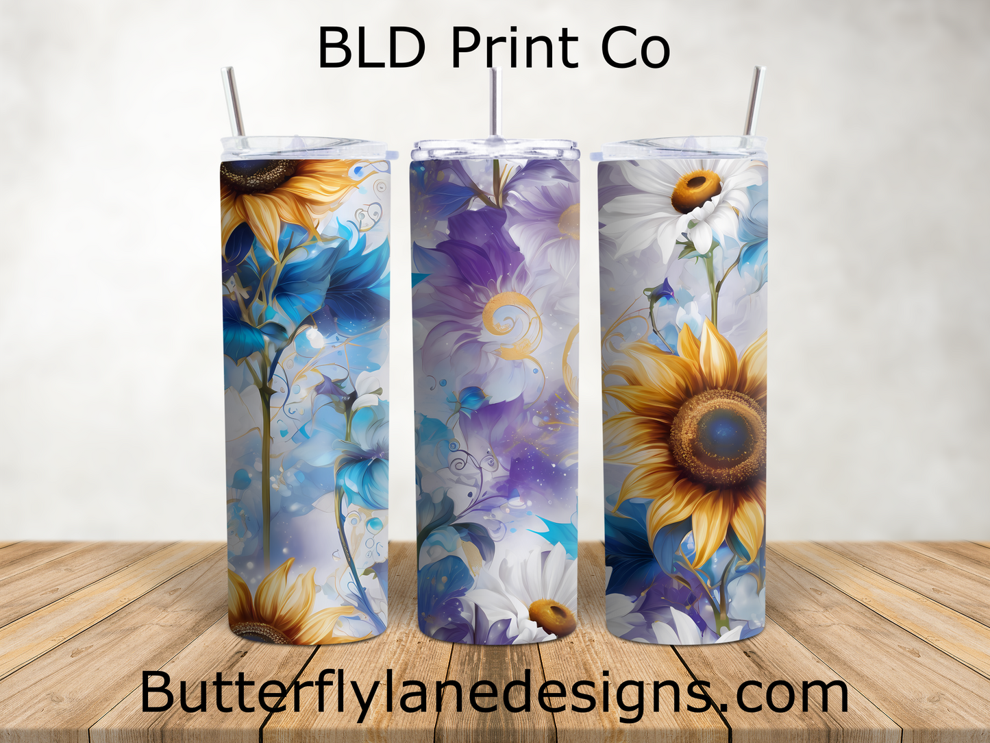 Sunflower & Daisy | Blue Watercolor Floral Art | W989