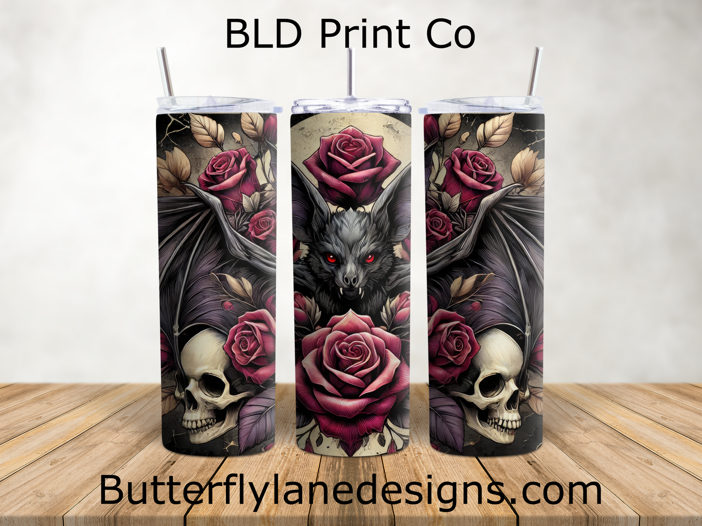 Bat, Skulls & Roses | Gothic Floral Horror Art | W992
