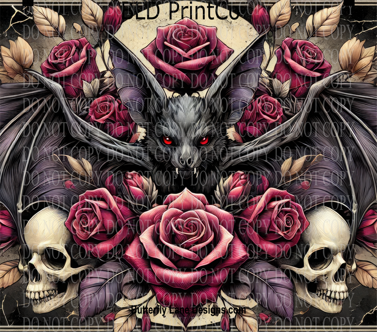 Bat, Skulls & Roses | Gothic Floral Horror Art | W992