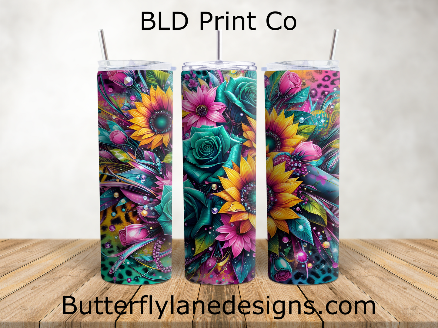 Sunflower & Teal Rose | Vibrant Leopard Floral Art | W993