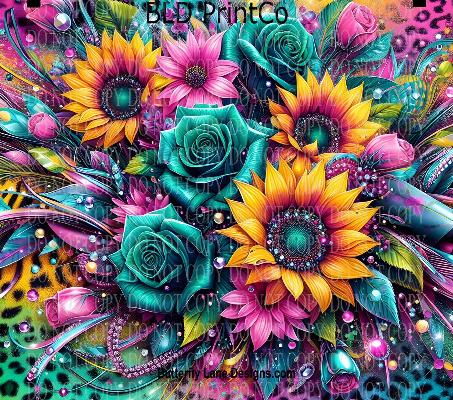 Sunflower & Teal Rose | Vibrant Leopard Floral Art | W993