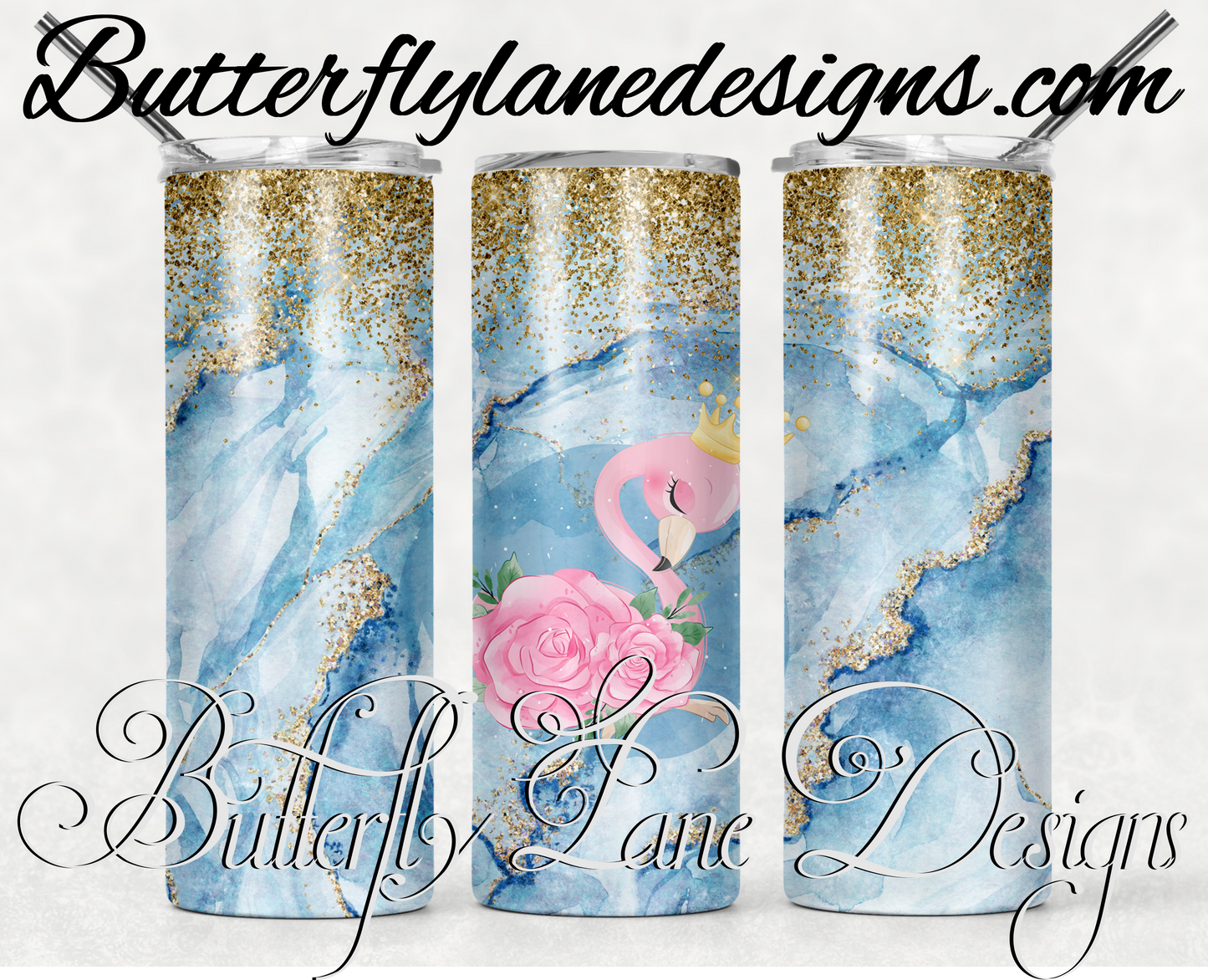 Pink flamingo-blue  with gold overlay-123-WM :: White Cast Tumbler wrap