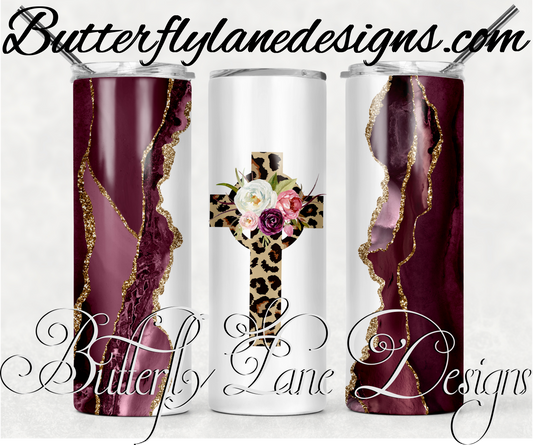 Leopard print cross with flowers-Burgundy Agate -133 WM:: White Cast Tumbler wrap