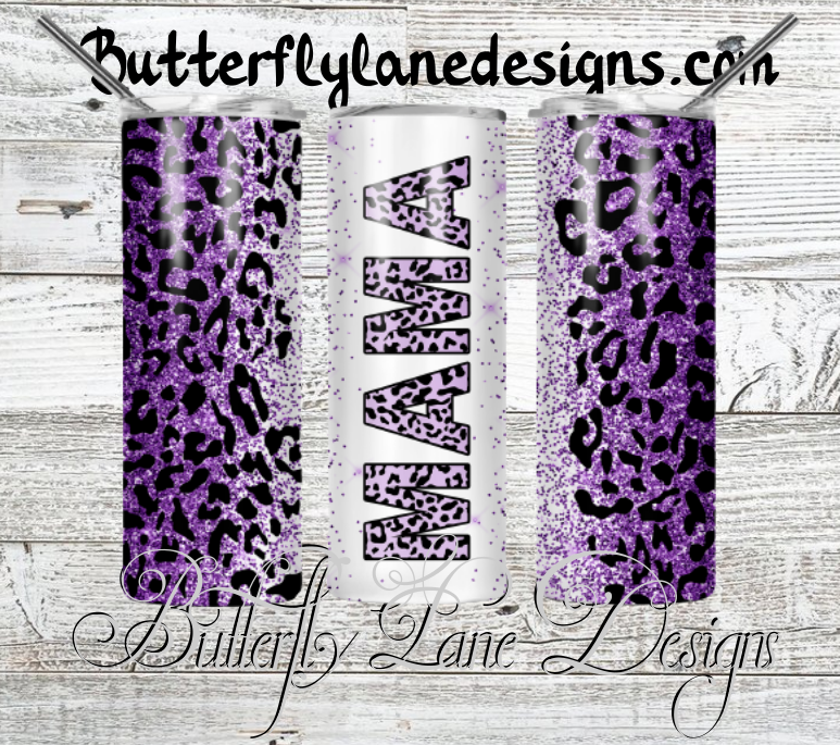 Mama Purple glitter Leopard print-148- WM :: White Cast Tumbler wrap