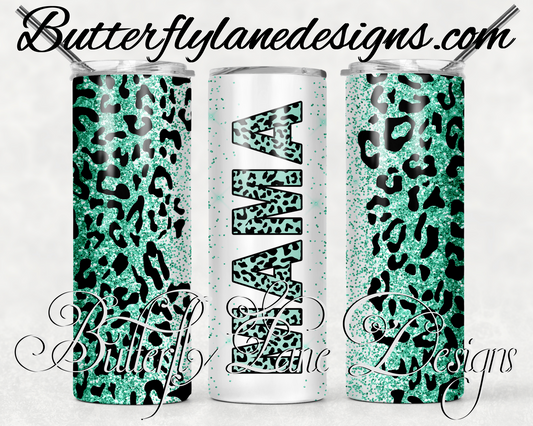 Mama Mint/teal glitter leopard print-151- WM :: White Cast Tumbler wrap