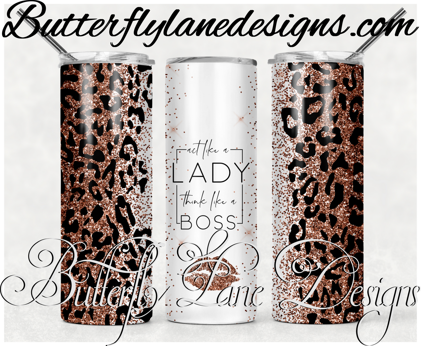 Act like a lady- think like a boss-red glitter leopard print- print-153-WM :: White Cast Tumbler wrap