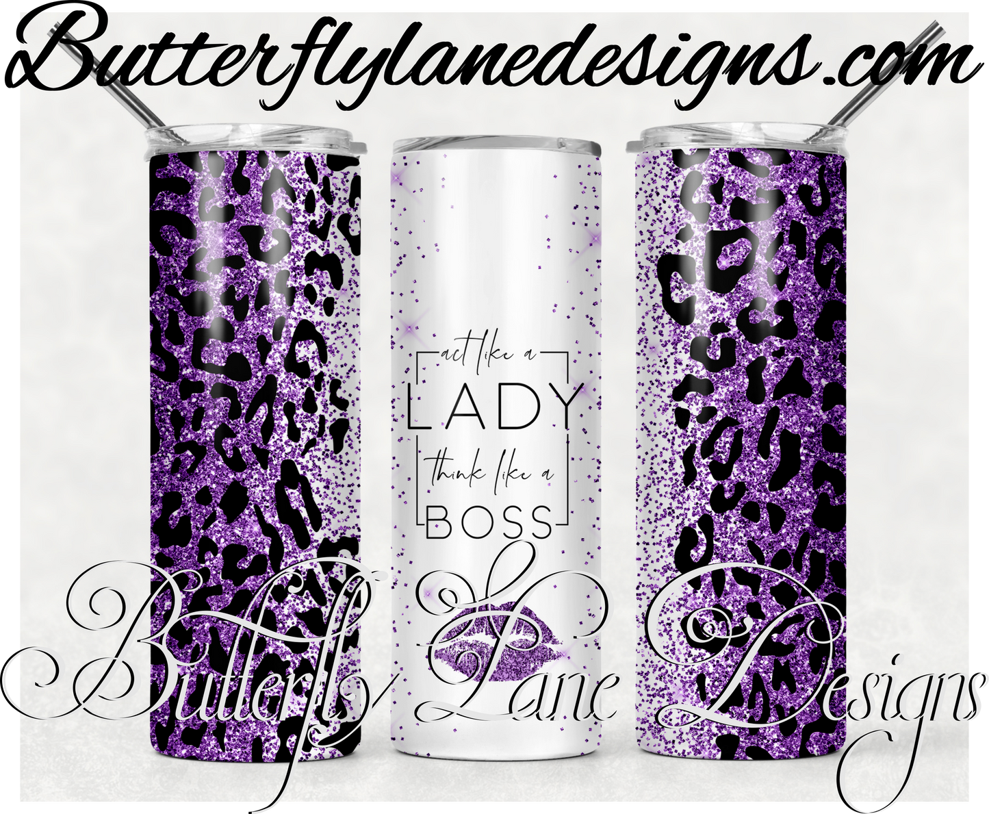 Act like a lady- think like a boss-purple glitter leopard print-157-WM :: White Cast Tumbler wrap