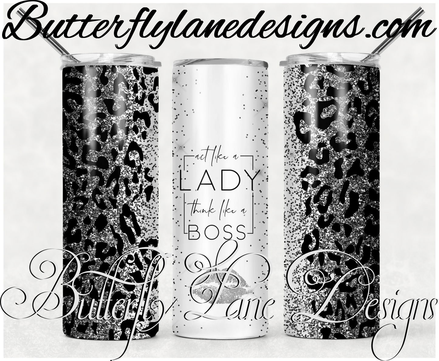 Act like a lady- think like a boss-black glitter leopard print-159-WM :: White Cast Tumbler wrap