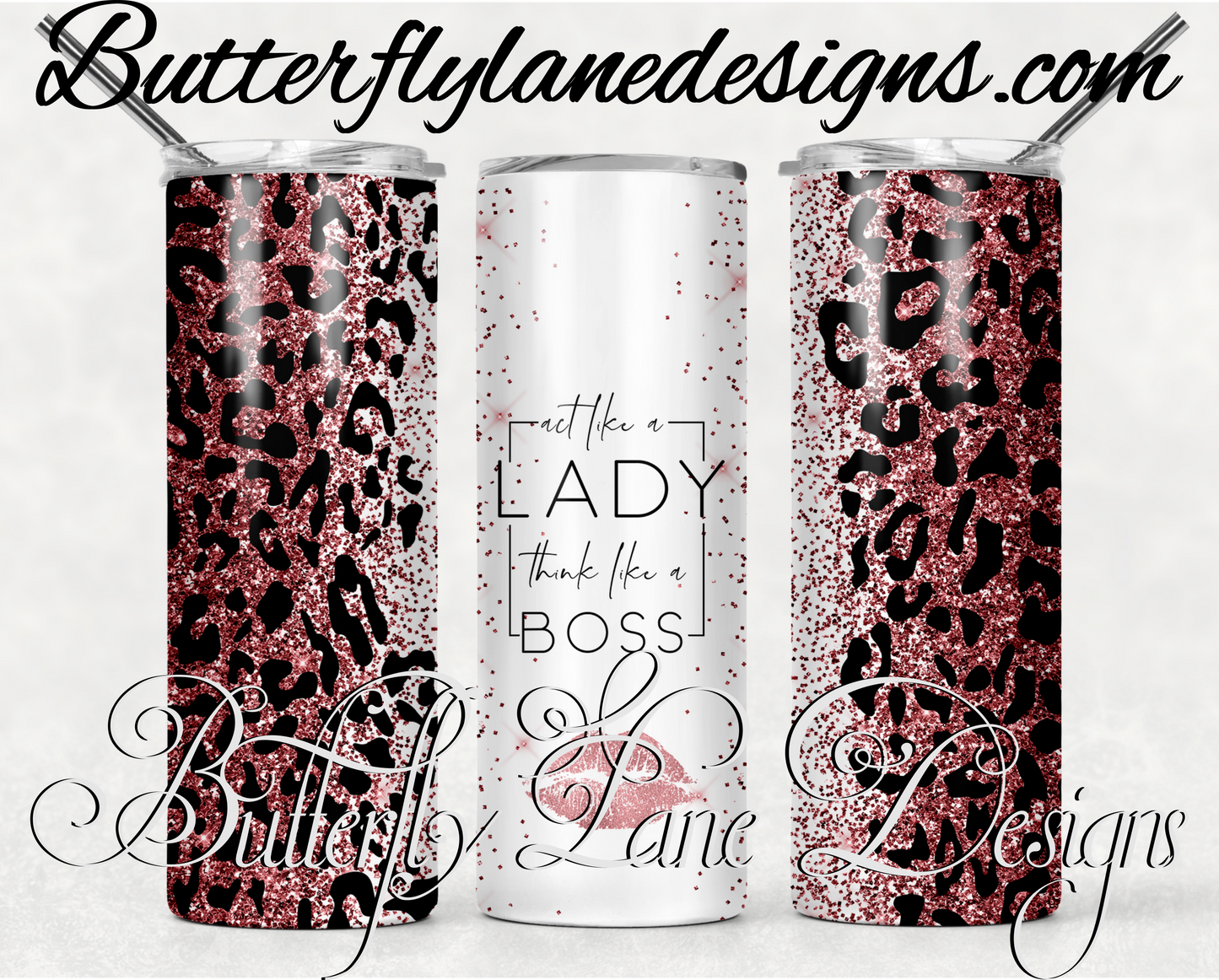 Act like a lady- think like a boss-red glitter leopard print-160-WM :: White Cast Tumbler wrap