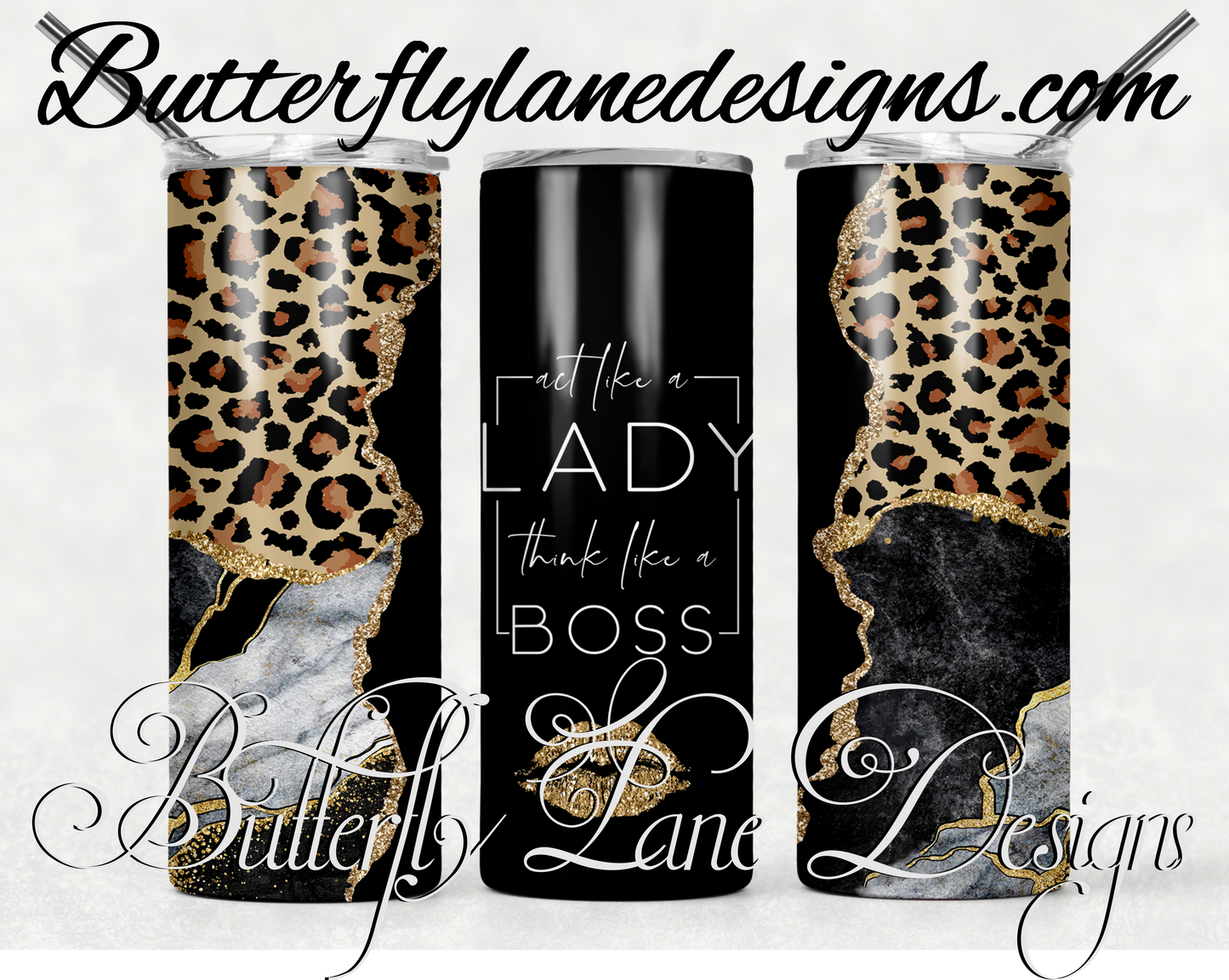 Act like a lady, think like a boss- Black base grey marble Blue and gold agate-164 -WM :: White Cast Tumbler wrap