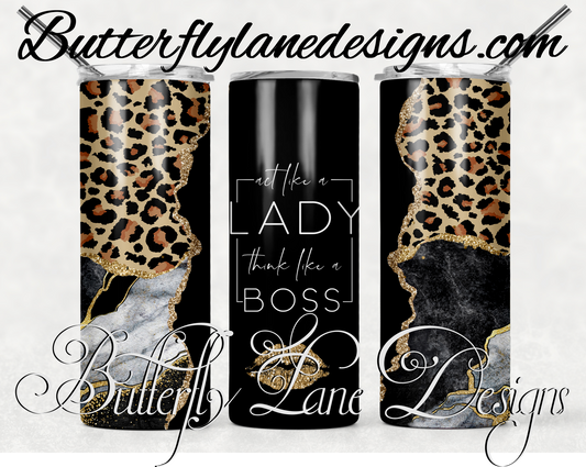 Act like a lady, think like a boss- Black base grey marble Blue and gold agate-164 -WM :: White Cast Tumbler wrap